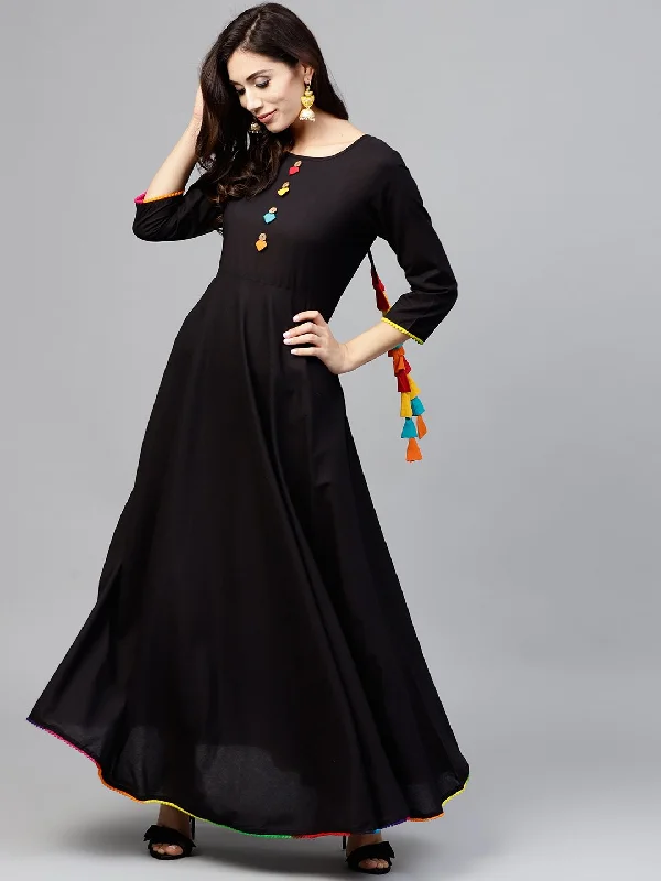 Women's Black maxi dress with with round neck and 3/4 sleeves - Nayo Clothing Fashionable Faux Wrap Maxi Dress Women's Black maxi dress with with round neck and 3/4 sleeves - Nayo Clothing Fashionable Faux Wrap Maxi Dress