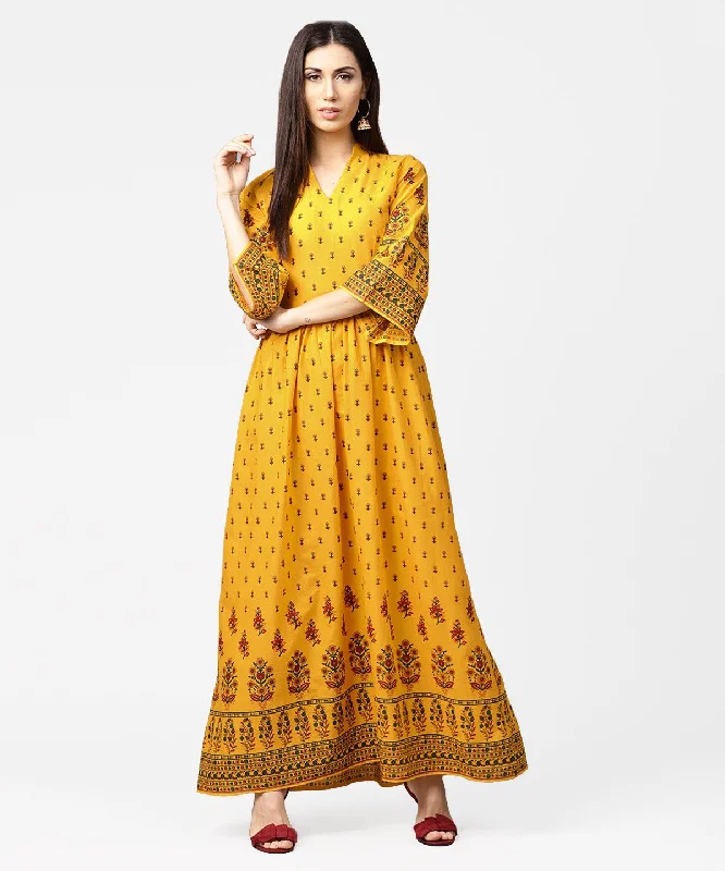 Women's Yellow Printed 3/4Th Flared Sleeve Cotton Maxi Dress - Nayo Clothing Chic Button-Up Maxi Dress