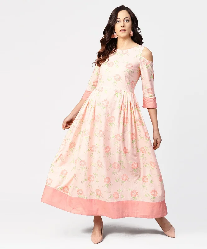 Women's Peach Printed 3/4Th Cold Shoulder Sleeve Maxi Dress - Nayo Clothing Elegant Maxi Dress with Lace Women's Peach Printed 3/4Th Cold Shoulder Sleeve Maxi Dress - Nayo Clothing Elegant Maxi Dress with Lace