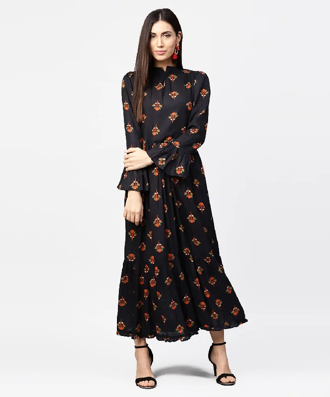 Women's Dark Blue Full Sleeve Closed Neck Cotton Maxi Dress - Nayo Clothing Fashionable Sleeveless Maxi Dress