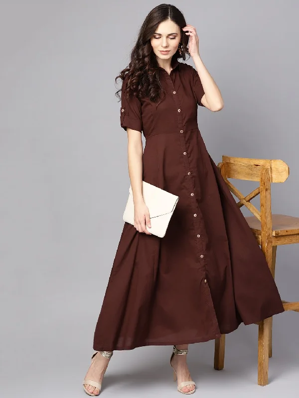 Women's Solid Chocolate Brown Maxi Dress With Shirt Collar & 3/4 Sleeves - Nayo Clothing Stylish Empire Waist Maxi Dress