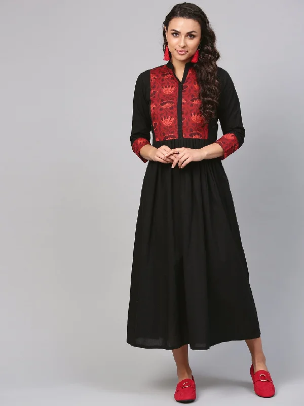 Women's Solid Black Maxi Dress With Printed Front Yoke & Madarin Collar - Nayo Clothing Comfortable Fit-and-Flare Maxi Dress Women's Solid Black Maxi Dress With Printed Front Yoke & Madarin Collar - Nayo Clothing Comfortable Fit-and-Flare Maxi Dress