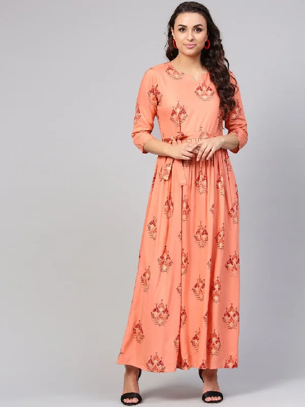 Women's Peach Geometric Maxi Dress With 3/4 Sleeves & Round Neck - Nayo Clothing Chic Sleeveless Maxi Dress Women's Peach Geometric Maxi Dress With 3/4 Sleeves & Round Neck - Nayo Clothing Chic Sleeveless Maxi Dress
