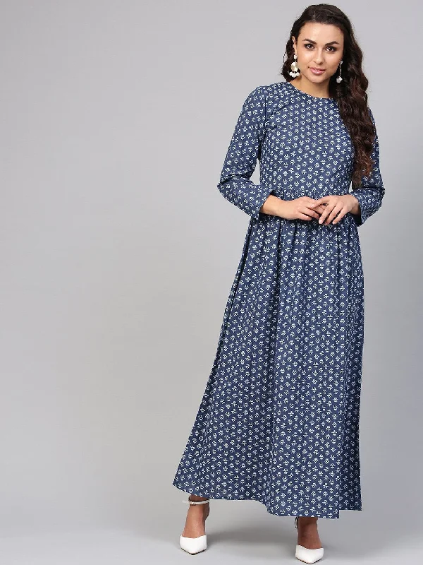 Women's Navy Blue Printed Maxi Dress With Round Neck & Full Sleeves - Nayo Clothing Trendy Floral Print Maxi Dress Women's Navy Blue Printed Maxi Dress With Round Neck & Full Sleeves - Nayo Clothing Trendy Floral Print Maxi Dress