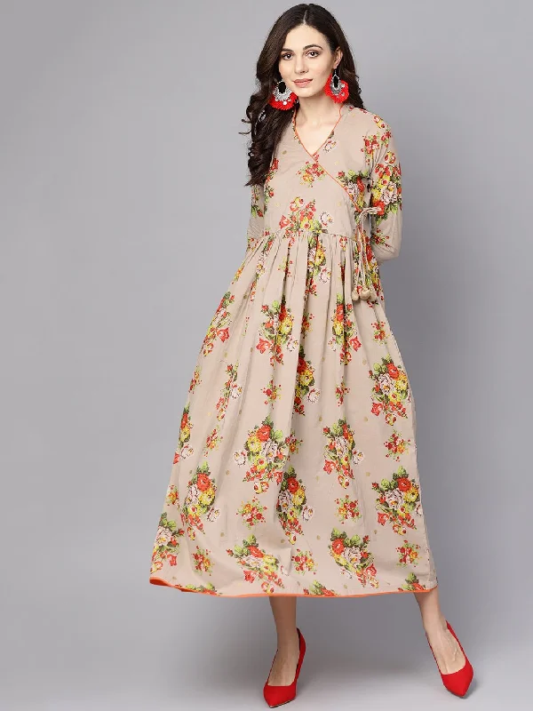 Women's Beige Multi Colored Angrakha Style Maxi Dress Emblished With Tassels - Nayo Clothing Casual Maxi Dress with Pockets Women's Beige Multi Colored Angrakha Style Maxi Dress Emblished With Tassels - Nayo Clothing Casual Maxi Dress with Pockets