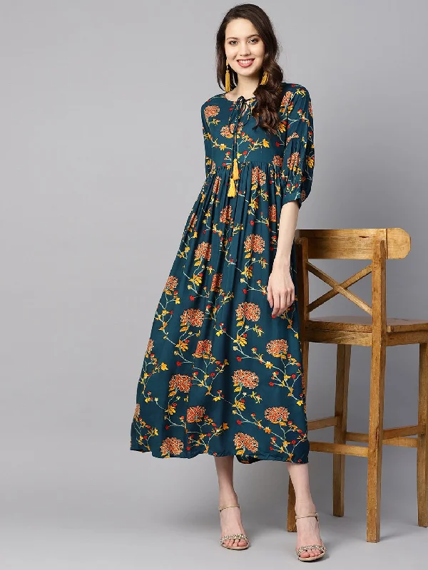 Women's Dark Teal Turquiose Floral Printed Maxi Dress With Key Hole Neckline & 3/4 Sleeves - Nayo Clothing Cozy Maxi Dress with Slit Women's Dark Teal Turquiose Floral Printed Maxi Dress With Key Hole Neckline & 3/4 Sleeves - Nayo Clothing Cozy Maxi Dress with Slit