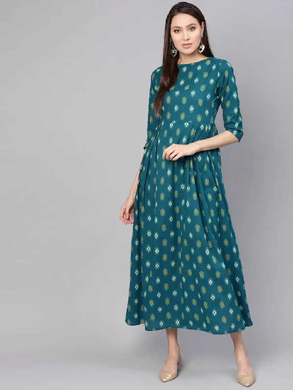 Women's Teal Blue & Yellow Printed Maxi Dress - Nayo Clothing Fashionable Off-Shoulder Maxi Dress Women's Teal Blue & Yellow Printed Maxi Dress - Nayo Clothing Fashionable Off-Shoulder Maxi Dress