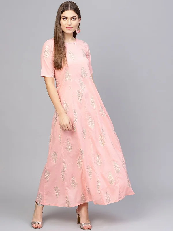 Women's Pink & Golden Printed Maxi Dress - Nayo Clothing Trendy A-Line Maxi Dress