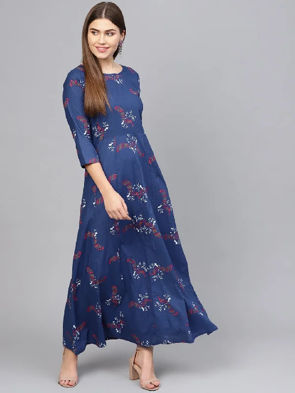 Women's Navy Blue & Pink Printed Maxi Dress - Nayo Clothing Stylish Long Sleeve Maxi Dress Women's Navy Blue & Pink Printed Maxi Dress - Nayo Clothing Stylish Long Sleeve Maxi Dress