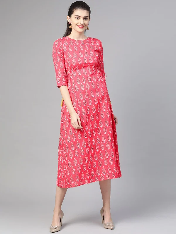 Women's Nayo Pink & Gold Ethnic Motifs Printed Maxi Dress - Nayo Clothing Comfortable Plunging Neckline Maxi Dress Women's Nayo Pink & Gold Ethnic Motifs Printed Maxi Dress - Nayo Clothing Comfortable Plunging Neckline Maxi Dress