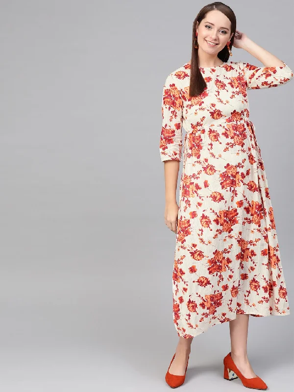 Women's Nayo Off White & Orange Floral Printed Maxi Dress - Nayo Clothing Fashionable Maxi Dress with Fringe