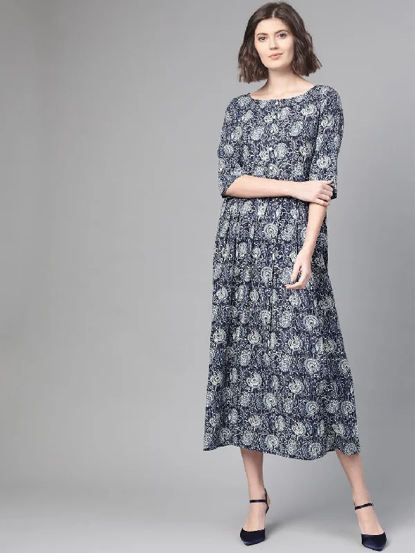 Women's Nayo Navy Blue & Cream Floral Printed Maxi Dress - Nayo Clothing Chic Boho Print Maxi Dress Women's Nayo Navy Blue & Cream Floral Printed Maxi Dress - Nayo Clothing Chic Boho Print Maxi Dress