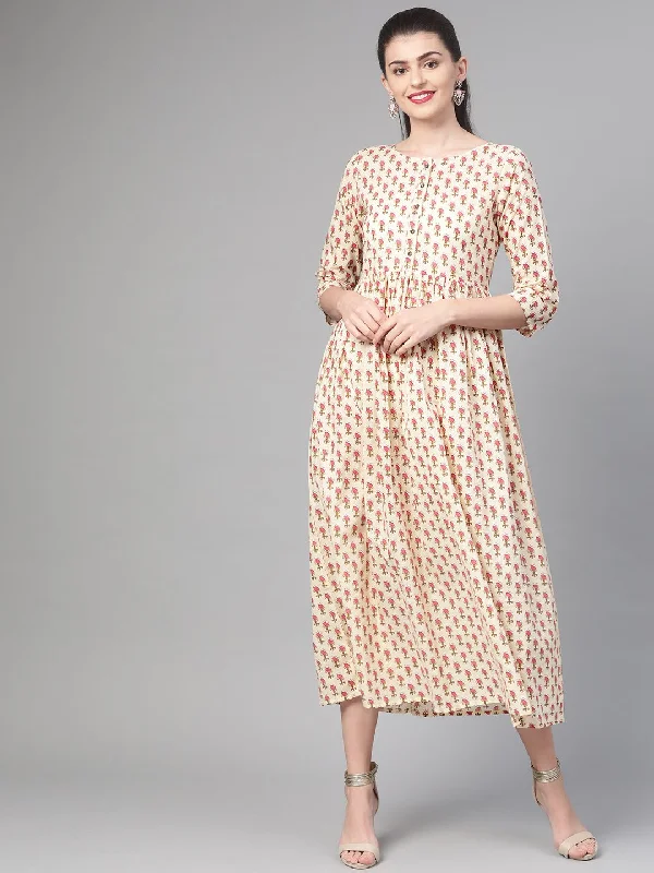 Women's Nayo Cream & Pink Floral Printed Maxi Dress - Nayo Clothing Fashionable Asymmetrical Maxi Dress Women's Nayo Cream & Pink Floral Printed Maxi Dress - Nayo Clothing Fashionable Asymmetrical Maxi Dress