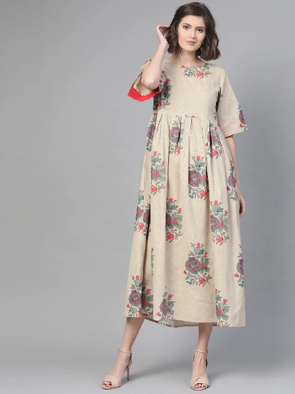 Women's Nayo Cream & Coral Floral Printed Maxi Dress - Nayo Clothing Comfortable Maxi Dress with Sleeves Women's Nayo Cream & Coral Floral Printed Maxi Dress - Nayo Clothing Comfortable Maxi Dress with Sleeves