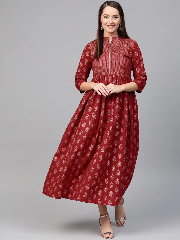 Women's Nayo Maroon & Gold Ethnic Motifs Printed Maxi Dress - Nayo Clothing Stylish Maxi Dress with Pleats