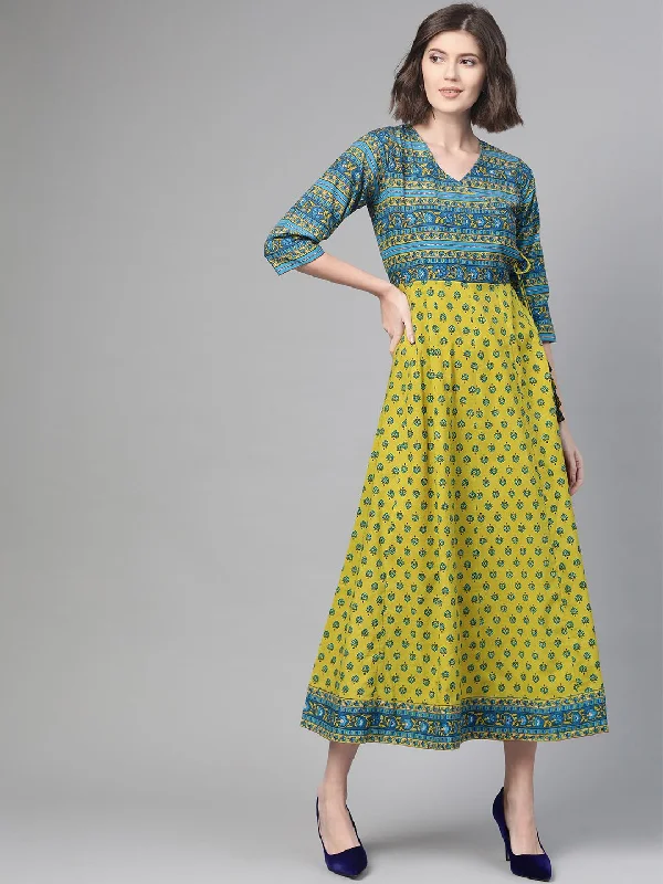 Women's Nayo Green & Blue Ethnic Motifs Printed Maxi Dress - Nayo Clothing Trendy Button Front Maxi Dress Women's Nayo Green & Blue Ethnic Motifs Printed Maxi Dress - Nayo Clothing Trendy Button Front Maxi Dress