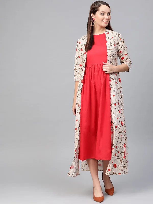 Women's Nayo Red & Beige Floral Printed Maxi Dress - Nayo Clothing Classic A-Line Maxi Dress