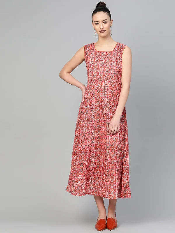 Women's Red & Pink Geometric Printed Maxi Dress - Nayo Clothing Fashionable Sheer Maxi Dress Women's Red & Pink Geometric Printed Maxi Dress - Nayo Clothing Fashionable Sheer Maxi Dress