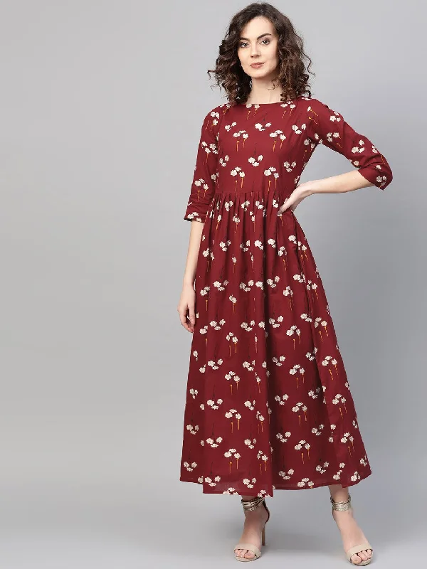 Women's Maroon & White Floral Printed Maxi Dress - Nayo Clothing Trendy Printed Maxi Dress