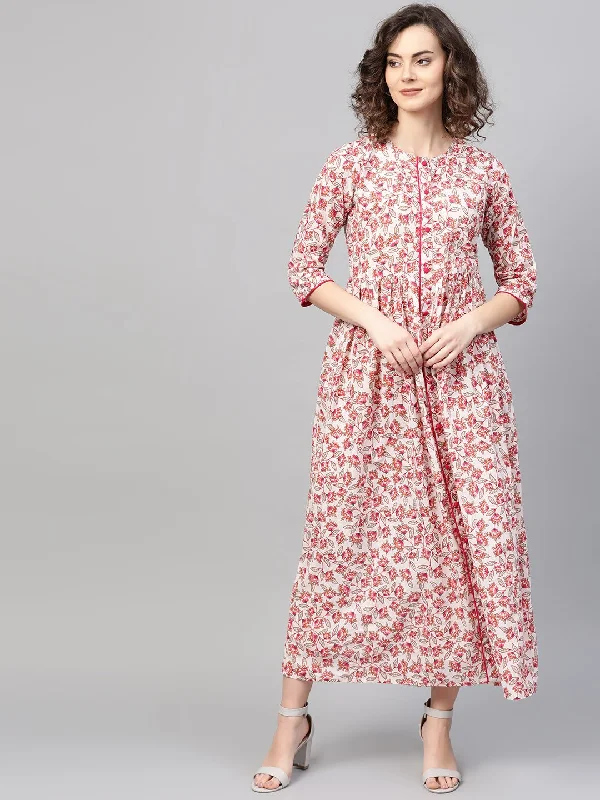 Women's White & Pink Floral Printed Maxi Dress - Nayo Clothing Comfortable Bohemian Maxi Dress