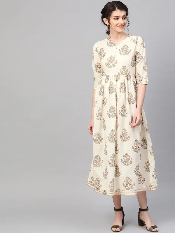 Women's Off White & Gold Ethnic Motifs Printed Maxi Dress - Nayo Clothing Stylish Button-Up Maxi Dress Women's Off White & Gold Ethnic Motifs Printed Maxi Dress - Nayo Clothing Stylish Button-Up Maxi Dress