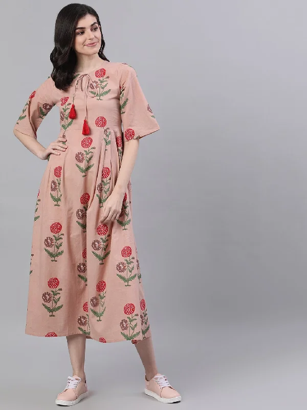 Women's Dusty Pink Floral Printed Tie-Up Neck Cotton Maxi Dress - Nayo Clothing Elegant Maxi Dress with Pockets Women's Dusty Pink Floral Printed Tie-Up Neck Cotton Maxi Dress - Nayo Clothing Elegant Maxi Dress with Pockets