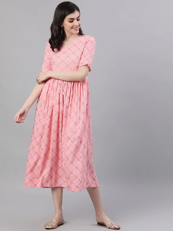 Women's Pink Checked Checked V-Neck Viscose Rayon Maxi Dress - Nayo Clothing Comfortable Flowy Maxi Dress Women's Pink Checked Checked V-Neck Viscose Rayon Maxi Dress - Nayo Clothing Comfortable Flowy Maxi Dress