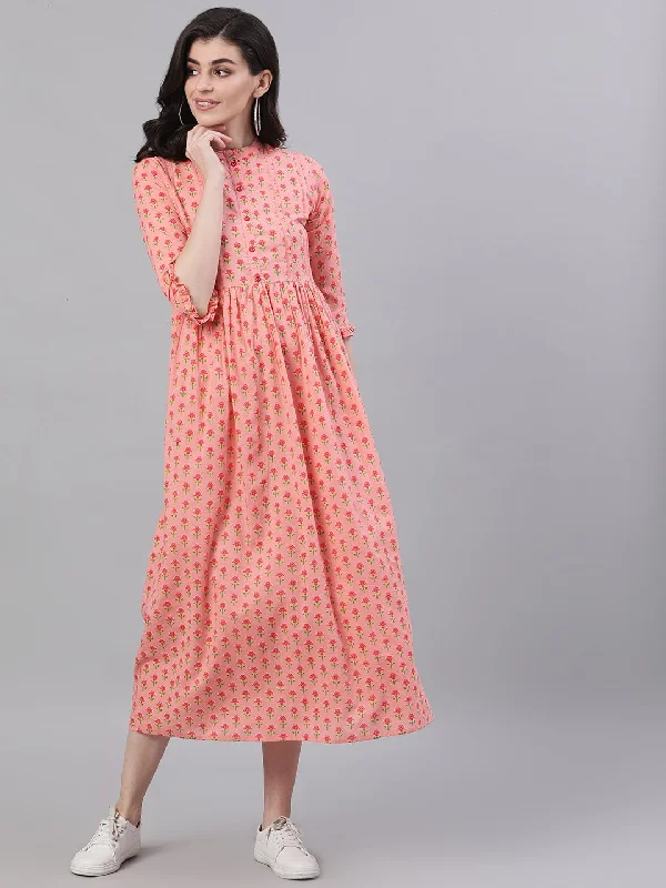 Women's Pink Floral Printed Mandarin Collar Cotton Maxi Dress - Nayo Clothing Cozy Ruffle Sleeve Maxi Dress Women's Pink Floral Printed Mandarin Collar Cotton Maxi Dress - Nayo Clothing Cozy Ruffle Sleeve Maxi Dress