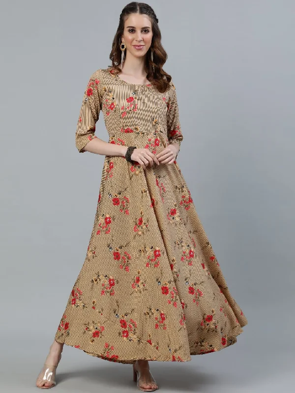 Women's Beige Printed Maxi Dress With Three Quarter Sleeves - Nayo Clothing Casual Maxi Dress with Pockets Women's Beige Printed Maxi Dress With Three Quarter Sleeves - Nayo Clothing Casual Maxi Dress with Pockets