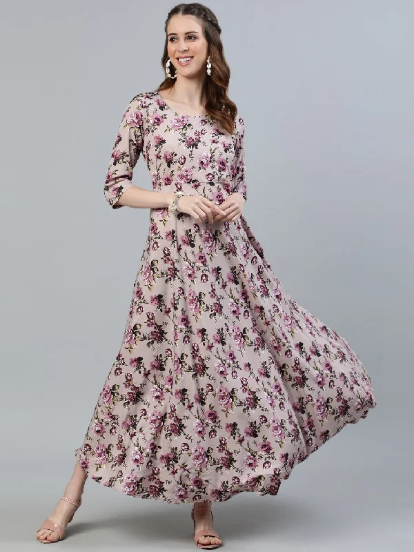 Women's Purple Floral Printed Maxi Dress With Three Quarter Sleeves - Nayo Clothing Chic Summer Maxi Dress Women's Purple Floral Printed Maxi Dress With Three Quarter Sleeves - Nayo Clothing Chic Summer Maxi Dress