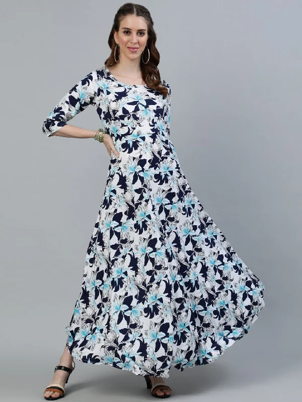 Women's Blue Floral Printed Maxi Dress With Three Quarter Sleeves - Nayo Clothing Classic V-Neck Maxi Dress Women's Blue Floral Printed Maxi Dress With Three Quarter Sleeves - Nayo Clothing Classic V-Neck Maxi Dress
