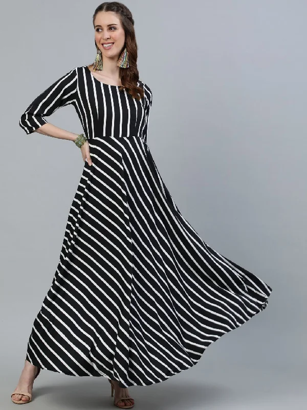 Women's Black Striped Maxi Dress With Three Quarter Sleeves - Nayo Clothing Cozy Wrap Maxi Dress Women's Black Striped Maxi Dress With Three Quarter Sleeves - Nayo Clothing Cozy Wrap Maxi Dress
