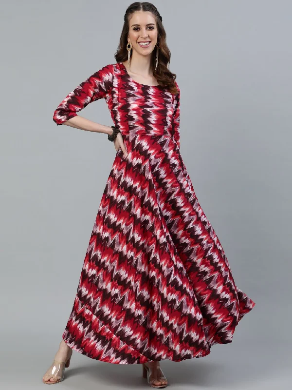 Women's Pink Printed Maxi Dress With Three Quarter Sleeves - Nayo Clothing Fashionable Off-Shoulder Maxi Dress Women's Pink Printed Maxi Dress With Three Quarter Sleeves - Nayo Clothing Fashionable Off-Shoulder Maxi Dress