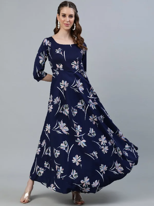 Women's Navy Blue Floral Printed Maxi Dress With Three Quarter Sleeves - Nayo Clothing Comfortable Bohemian Maxi Dress Women's Navy Blue Floral Printed Maxi Dress With Three Quarter Sleeves - Nayo Clothing Comfortable Bohemian Maxi Dress