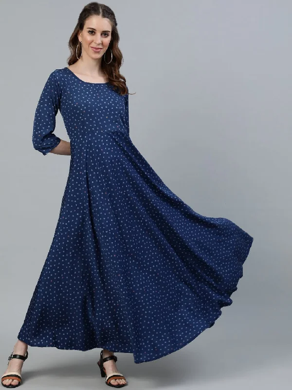 Women's Blue Floral Printed Maxi Dress With Three Quarter Sleeves - Nayo Clothing Trendy A-Line Maxi Dress Women's Blue Floral Printed Maxi Dress With Three Quarter Sleeves - Nayo Clothing Trendy A-Line Maxi Dress
