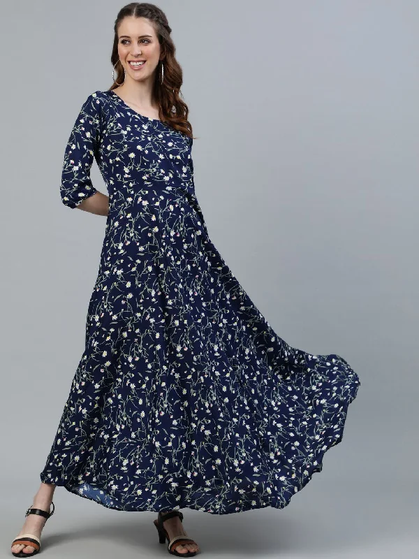 Women's Navy Blue Floral Printed Maxi Dress With Three Quarter Sleeves - Nayo Clothing Stylish Long Sleeve Maxi Dress Women's Navy Blue Floral Printed Maxi Dress With Three Quarter Sleeves - Nayo Clothing Stylish Long Sleeve Maxi Dress