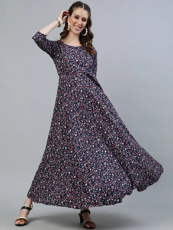 Women's Blue Floral Printed Maxi Dress With Three Quarter Sleeves - Nayo Clothing Cozy Maxi Dress with Slit Women's Blue Floral Printed Maxi Dress With Three Quarter Sleeves - Nayo Clothing Cozy Maxi Dress with Slit