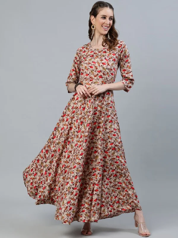 Women's Floral Printed Maxi Dress With Three Quarter Sleeves - Nayo Clothing Elegant Maxi Dress with Drapes Women's Floral Printed Maxi Dress With Three Quarter Sleeves - Nayo Clothing Elegant Maxi Dress with Drapes