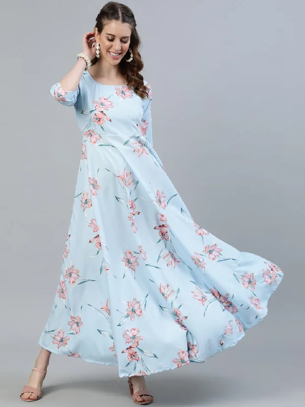 Women's Pastel Blue Floral Printed Maxi Dress With Three Quarter Sleeves - Nayo Clothing Trendy Maxi Dress with Straps Women's Pastel Blue Floral Printed Maxi Dress With Three Quarter Sleeves - Nayo Clothing Trendy Maxi Dress with Straps