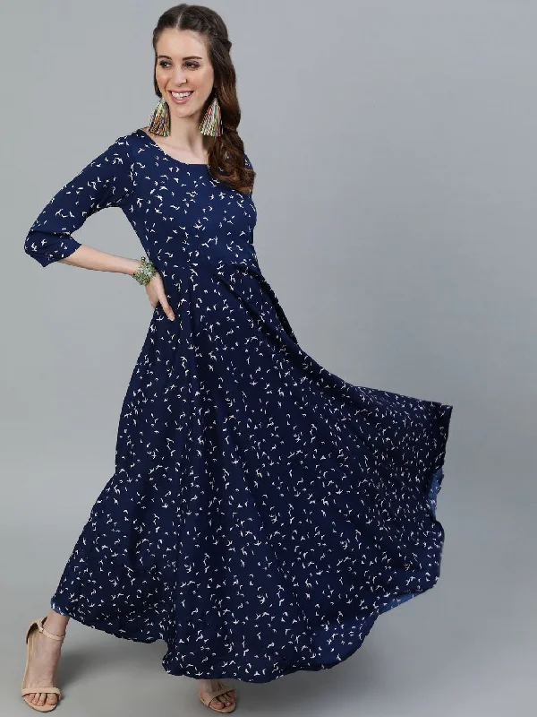 Women's Navy Blue Printed Maxi Dress With Three Quarter Sleeves - Nayo Clothing Stylish One-Shoulder Maxi Dress Women's Navy Blue Printed Maxi Dress With Three Quarter Sleeves - Nayo Clothing Stylish One-Shoulder Maxi Dress