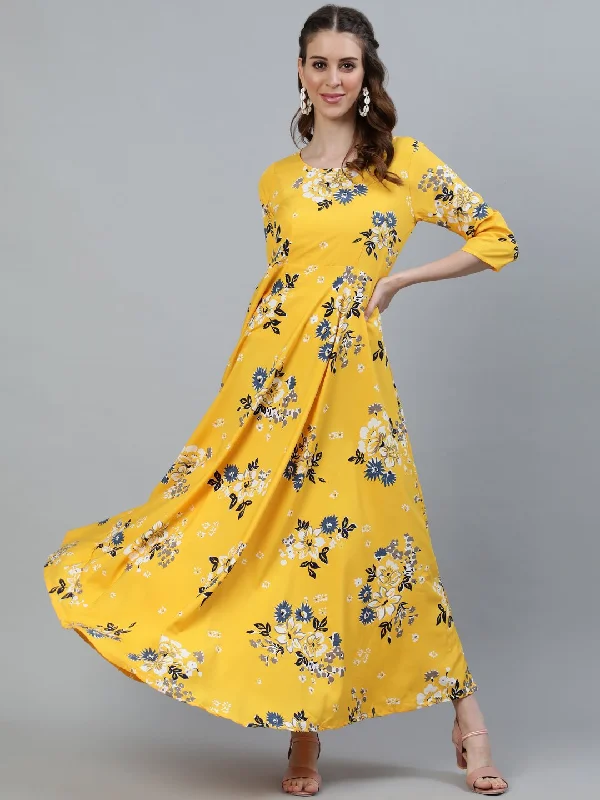 Women's Yellow Printed Maxi Dress With Three Quarter Sleeves - Nayo Clothing Comfortable Plunging Neckline Maxi Dress Women's Yellow Printed Maxi Dress With Three Quarter Sleeves - Nayo Clothing Comfortable Plunging Neckline Maxi Dress