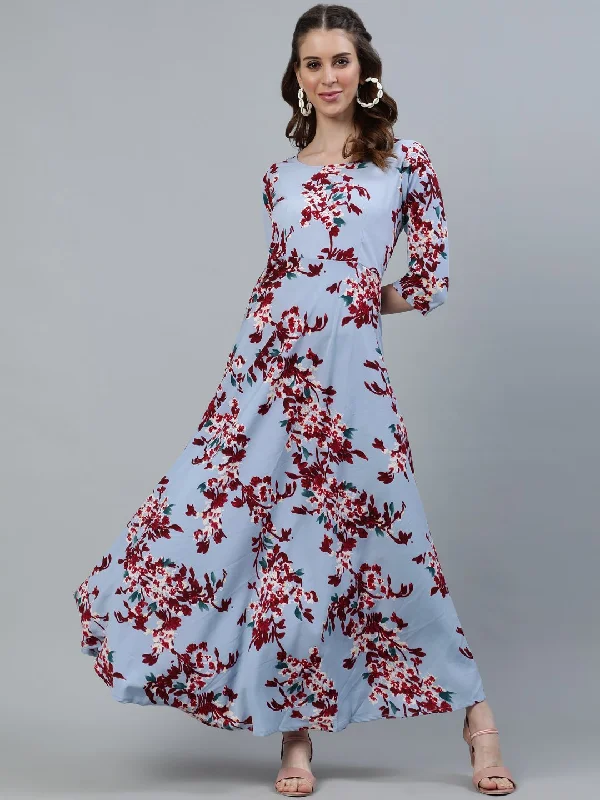 Women's Blue Floral Printed Maxi Dress With Three Quarter Sleeves - Nayo Clothing Fashionable Maxi Dress with Fringe Women's Blue Floral Printed Maxi Dress With Three Quarter Sleeves - Nayo Clothing Fashionable Maxi Dress with Fringe