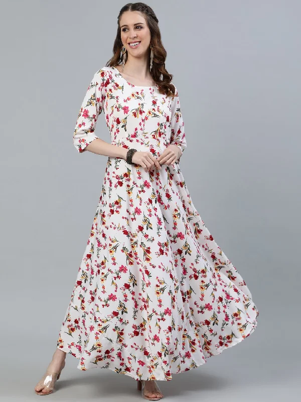 Women's Off-White Floral Printed Maxi Dress With Three Quarter Sleeves - Nayo Clothing Elegant Maxi Dress with Belt Women's Off-White Floral Printed Maxi Dress With Three Quarter Sleeves - Nayo Clothing Elegant Maxi Dress with Belt