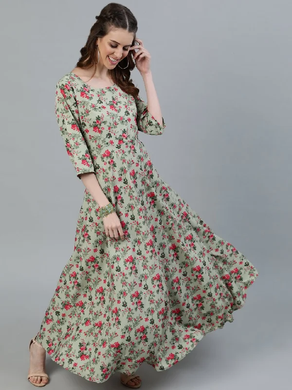 Women's Green Floral Printed Maxi Dress With Three Quarter Sleeves - Nayo Clothing Chic Boho Print Maxi Dress Women's Green Floral Printed Maxi Dress With Three Quarter Sleeves - Nayo Clothing Chic Boho Print Maxi Dress