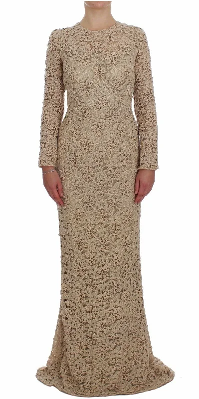 Beige Floral Lace Long Sleeve Maxi Dress Comfortable Fit-and-Flare Maxi Dress