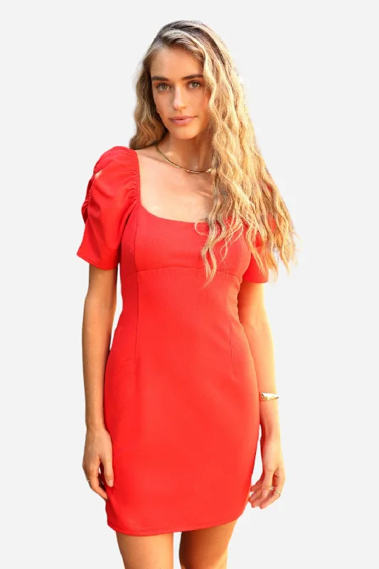 Adelyn Rae Bella Puff Sleeve Mini Dress in Candy Apple Cozy Cowl Neck Mini Dress