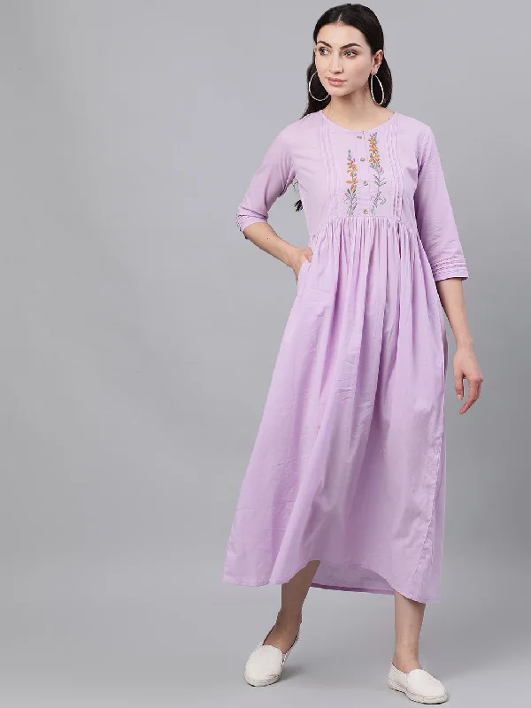 Women's Lavender Solid Solid Round Neck Cotton Maxi Dress - Nayo Clothing Fashionable Layered Maxi Dress Women's Lavender Solid Solid Round Neck Cotton Maxi Dress - Nayo Clothing Fashionable Layered Maxi Dress