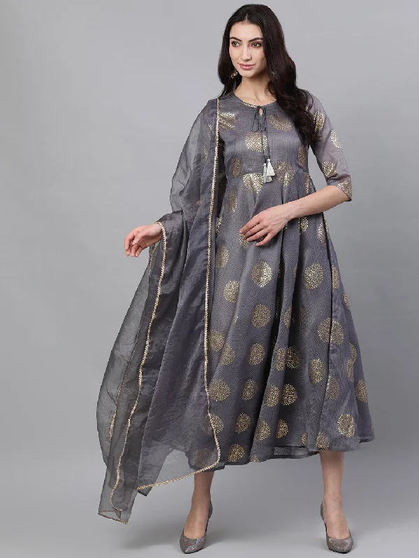 Women's Grey Ethnic Motifs Printed Tie-Up Neck Cotton Maxi Dress With Dupatta - Nayo Clothing Stylish Off-Shoulder Maxi Dress Women's Grey Ethnic Motifs Printed Tie-Up Neck Cotton Maxi Dress With Dupatta - Nayo Clothing Stylish Off-Shoulder Maxi Dress