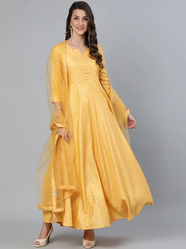 Women's Mustard Foil Printed Maxi Dress With Embroidered Net Dupatta - Nayo Clothing Fashionable High-Waist Maxi Dress Women's Mustard Foil Printed Maxi Dress With Embroidered Net Dupatta - Nayo Clothing Fashionable High-Waist Maxi Dress