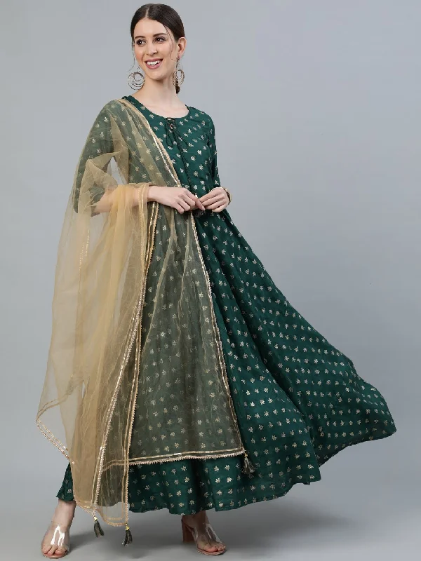 Women's Green Foil Printed Maxi Dress With Embroidered Net Dupatta - Nayo Clothing Comfortable Fitted Maxi Dress Women's Green Foil Printed Maxi Dress With Embroidered Net Dupatta - Nayo Clothing Comfortable Fitted Maxi Dress